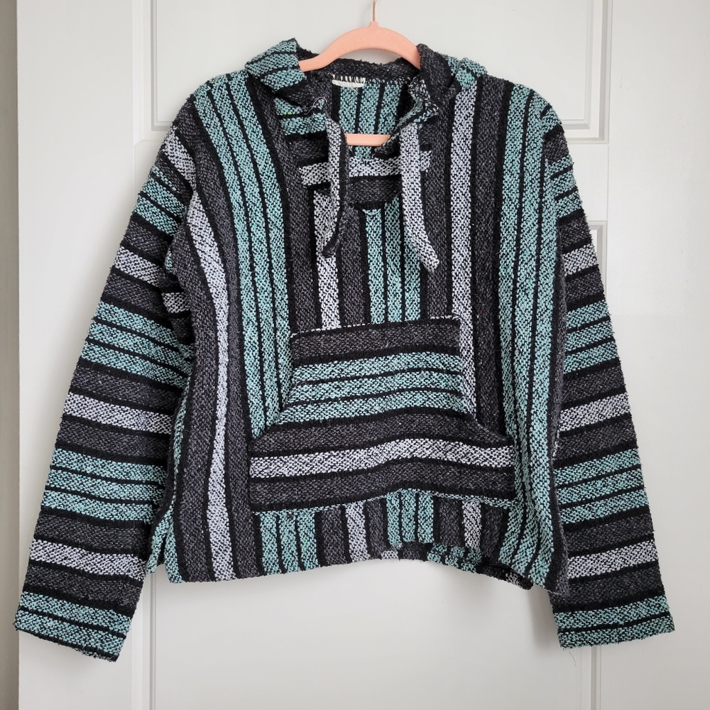 Vintage Boho,Mexican Bahaj Hoodie Southwest, Aztec Teal/black,gray no tags